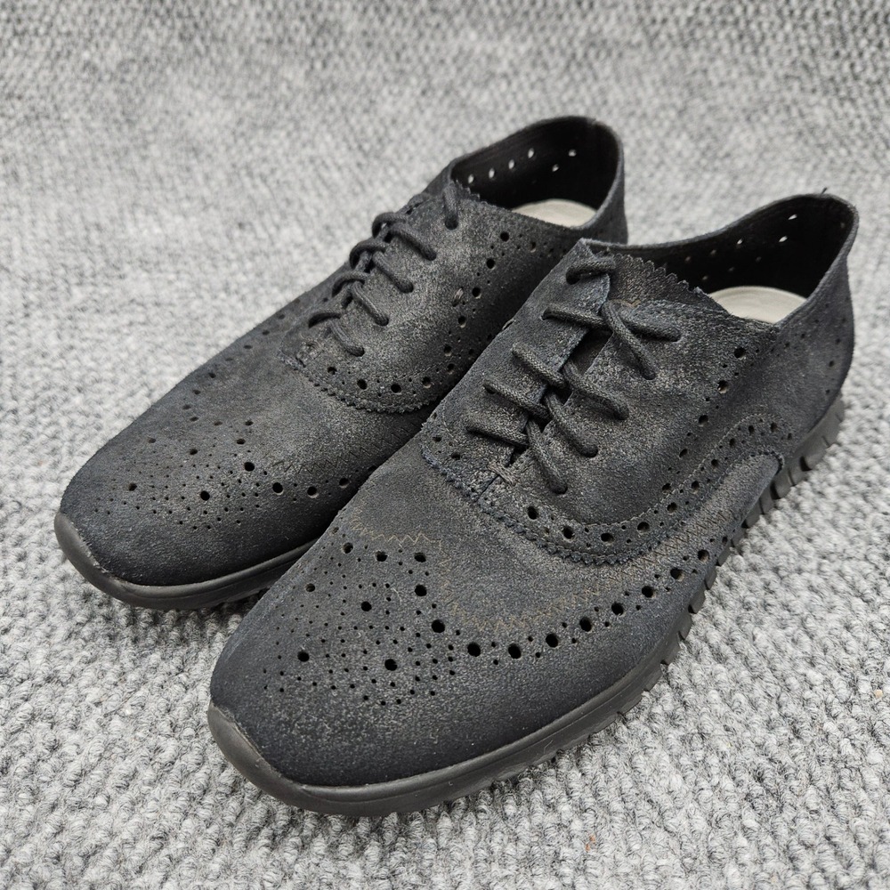 Cole Haan Women 7.5 Black Shoes Zerogrand Wingtip Oxford Suede Brogue Perforated